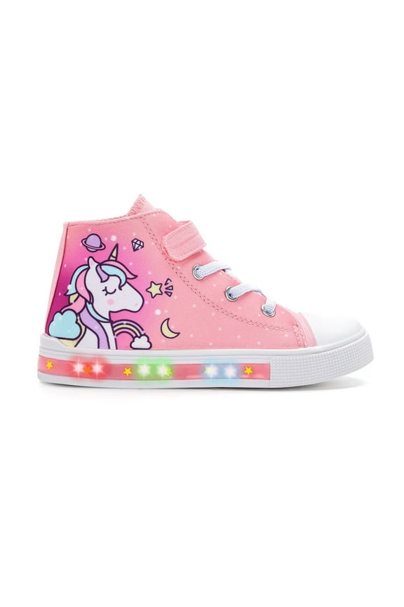 Girls Pink Sneakers Light Up Flashing Shoes Toddler Easy Fasten High Top Canvas Sneaker Little Kid Size 12