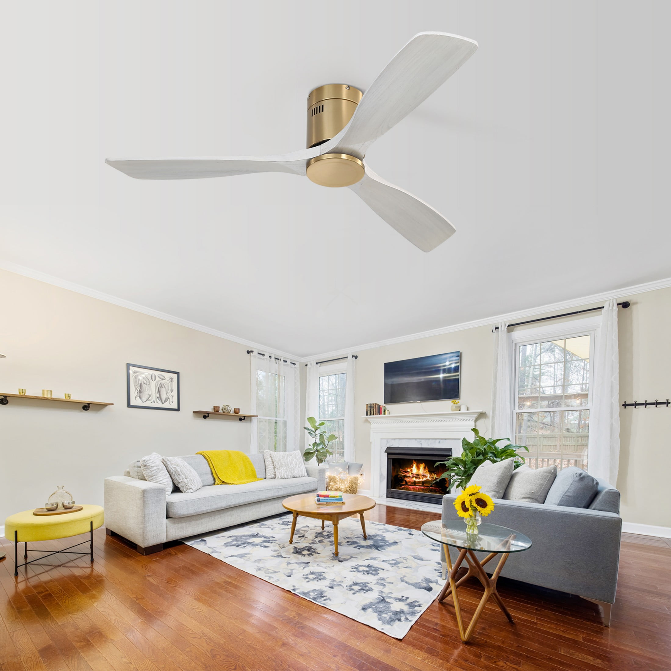 Sofucor 52 Inch Grey Gold Modern Flush Mount Indoor Outdoor Ceiling Fan with Remote Control