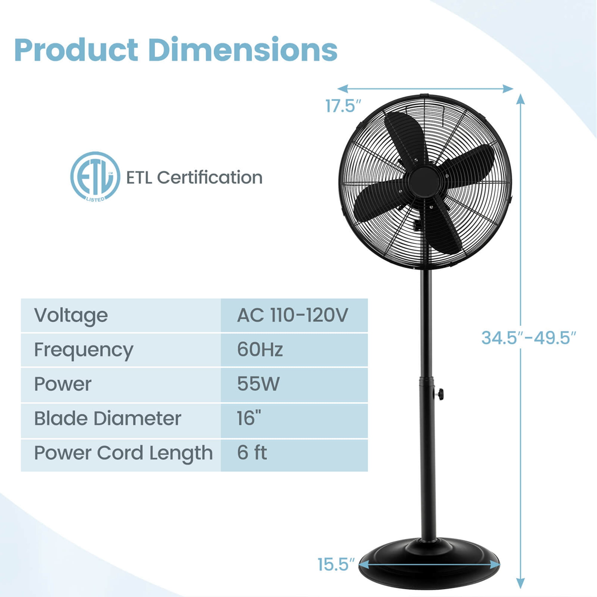 Costway 16" Standing Pedestal Fan with 3 Speed Settings Carrying Handle Aluminum Blades Black