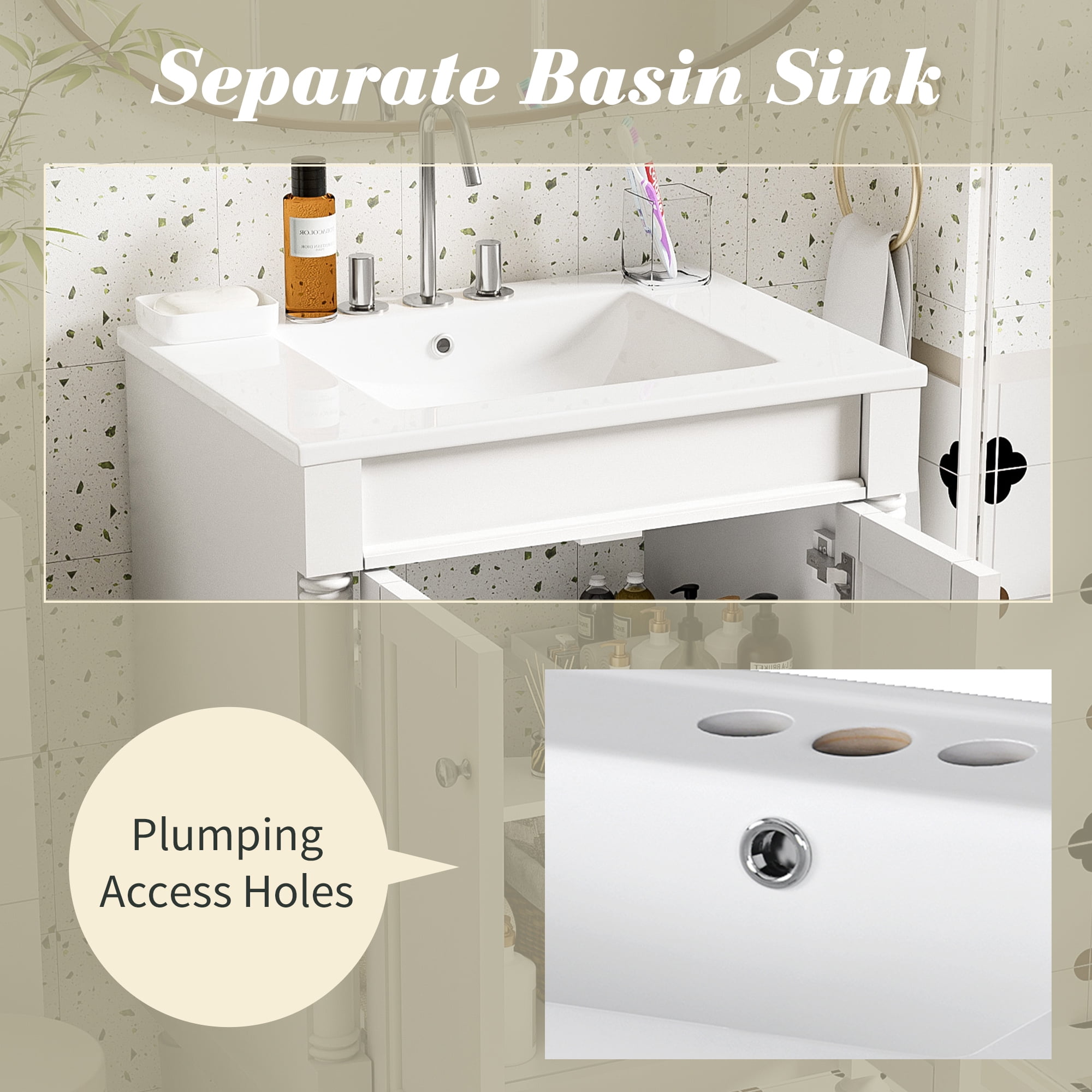 Euroco Modern Bathroom Vanity with Hole Basin, Dual Storage Shelves, and Enclosed Cabinet Design