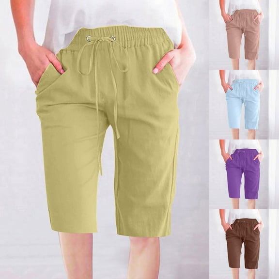 USSUMA Linen Shorts for Women Solid Color Bermuda Summer Fashion Elastic Waist Casual with Pocket Comfy Shorts Straight Pants Half Shorts Linen Wide Legs Shorts for Women Brown L