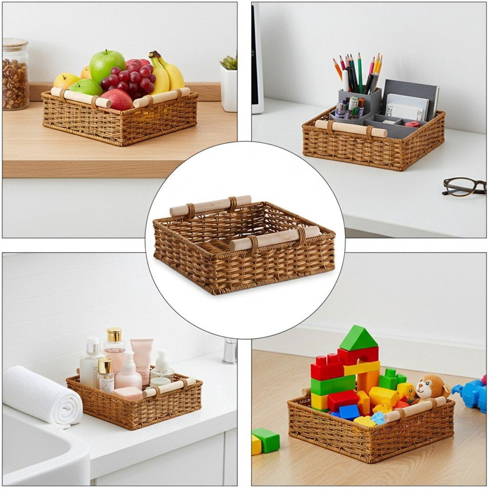 Hzzsbu Rattan Basket Handmade Woven Storage Baskets with Wooden Handle Rectangular Woven Baskets for Kitchen, Shelves