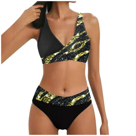 QYZEU Swimsuit for Women 2024 Tankini Bathing Suit Top Women s Two Piece Bikini Split Print Hot Push Up Bikini Swimsuit V Neck Lightweight Swimsuit Underwire Bra Black M