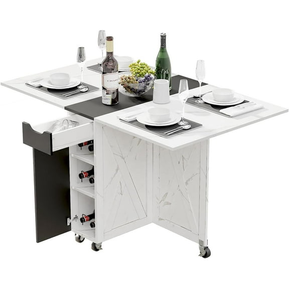 Folding Dining Table, Dinner Table with Drawer and Storage and Shelves, Space Saving Dining Table with 6 Wheels, Kitchen Table for Small Spaces (Black)