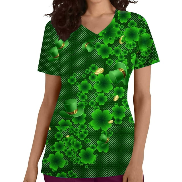 LSLJS St. Patrick's Day Hauts de Blouse pour Femmes Manches Courtes Uniformes de Travail Infirmière Blouse Décontractée avec Poches, Grandes Blouses pour Femmes