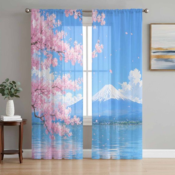 Spring Floral Sheer Curtains 96 Inch Length 2 Panels Set, Pink Cherry Flowers Landscape Blue Voile Window Treatment Semi Sheer Long Curtains Drapes for Bedroom/Living Room/Kitchen 52"x96"x2