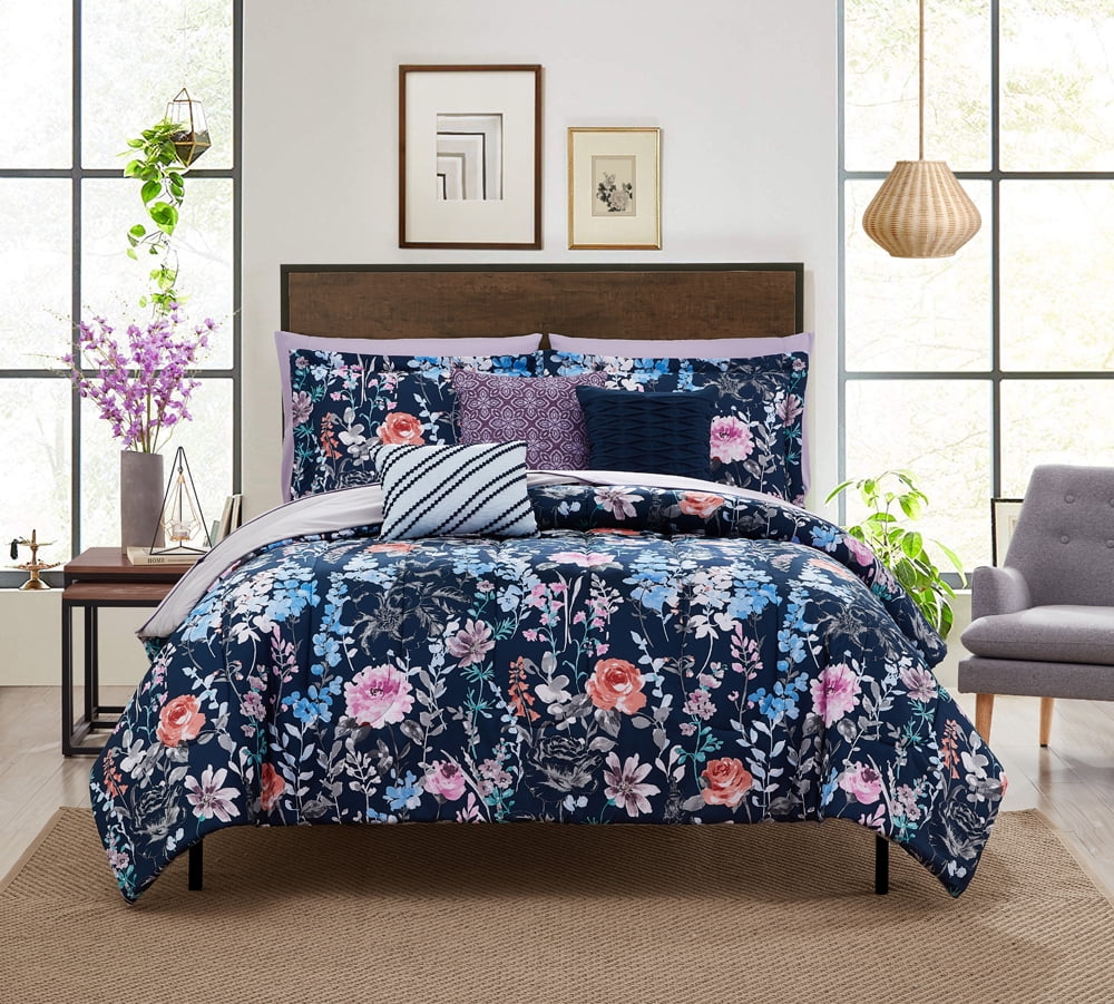 FLORAL COMFORTER SET Flowers Bedspread Bedding Pillowcase Navy Blue Twin XL