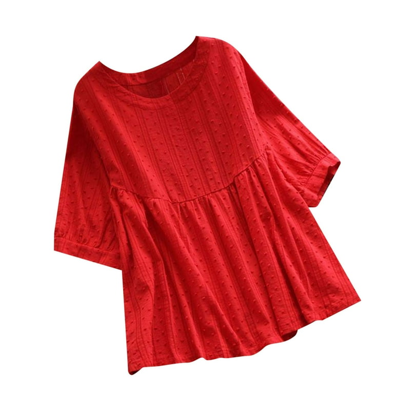 Usmixi 2023 Summer Cute Tees Summer Shirt for Women Elbow-Length Crewneck  Casual Trendy Tops Solid Hollowed Loose Cotton Linen Hem Blouse Red l 