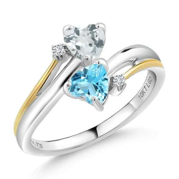Gem Stone King 0.99 Ct Sky Blue Aquamarine Swiss Blue Topaz 925 Silver and 10K Yellow Gold Lab Grown Diamond 2 Heart Promise Couple Engagement Mother Ring (Size 9)