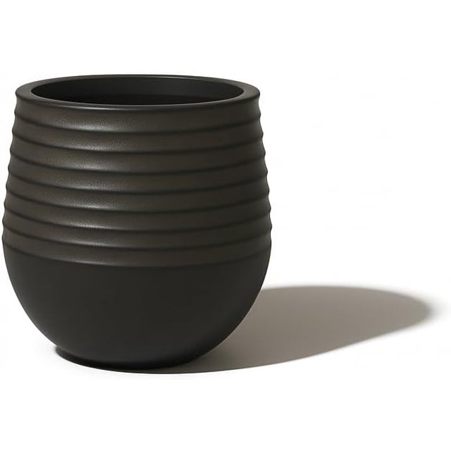 Pot de Jardinière en Résine Côtelé Moderne et Élégant avec Trou de Drainage – Grand Pot de Fleurs Ou Arbre Intérieur Extérieur - Léger et Résistant aux Intempéries pour Patio Balcon (Noir Vintage, Taille Moyenne - 11,8 Pouces)