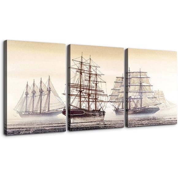 AmPm 3 Piece Canvas Wall Art - Sailboat Sailing On The Sea Picture Prints Wall Decor Stretched on Wooden Frame, Home Decor for Bedroom - 12"x16"x3 Panels