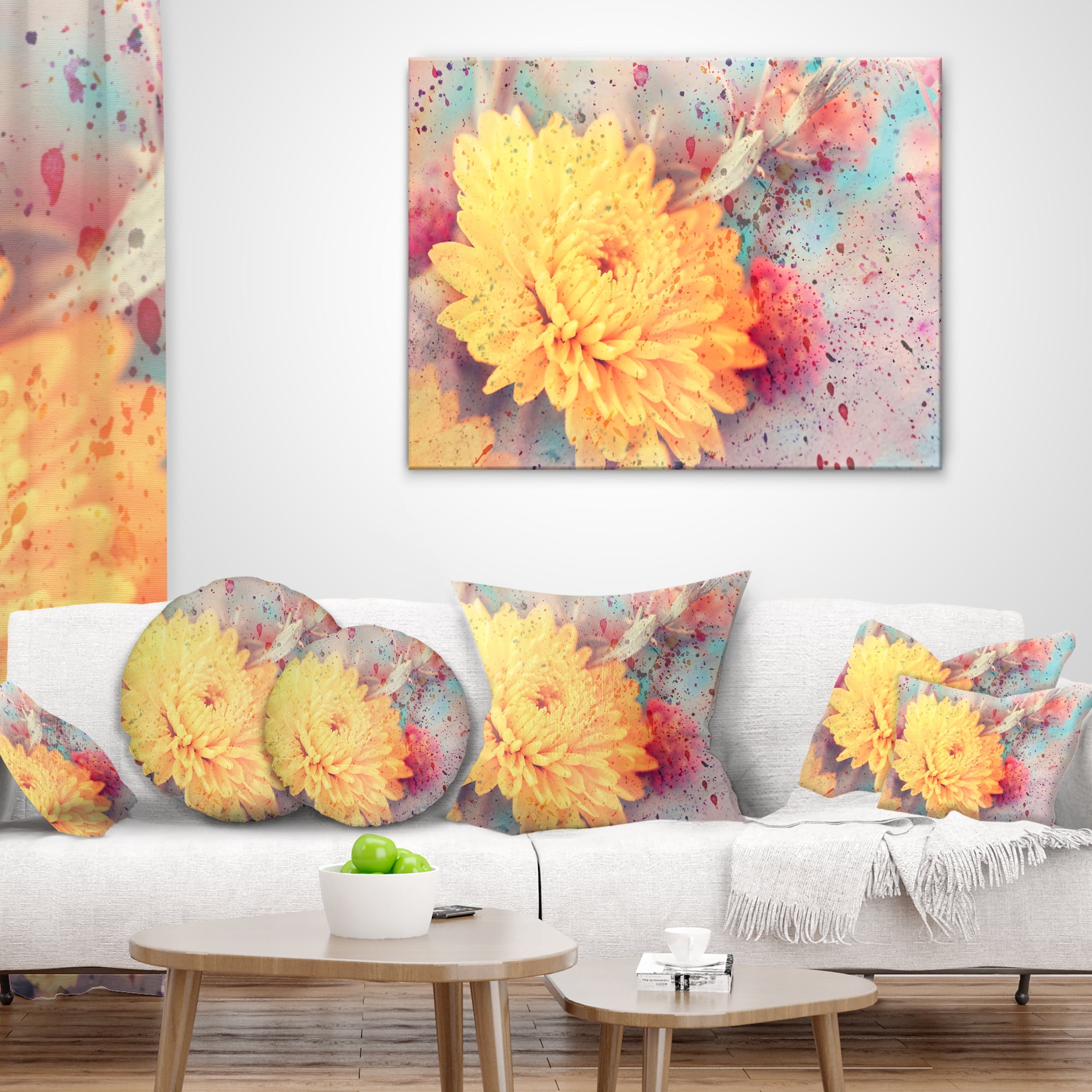 Designart Aster Flower with Watercolor Splashes - Flower Throw Pillow - 18x18