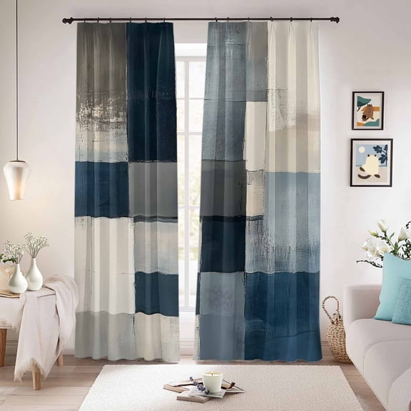 Blue Beige Geometric Blackout Curtains for Bedroom/Living Room, Pinch Pleated Black Out Curtains, Vintage Farmhouse Ombre Painting Room Darkening Window Drapes with Hooks 2 Panels, 39"x70"