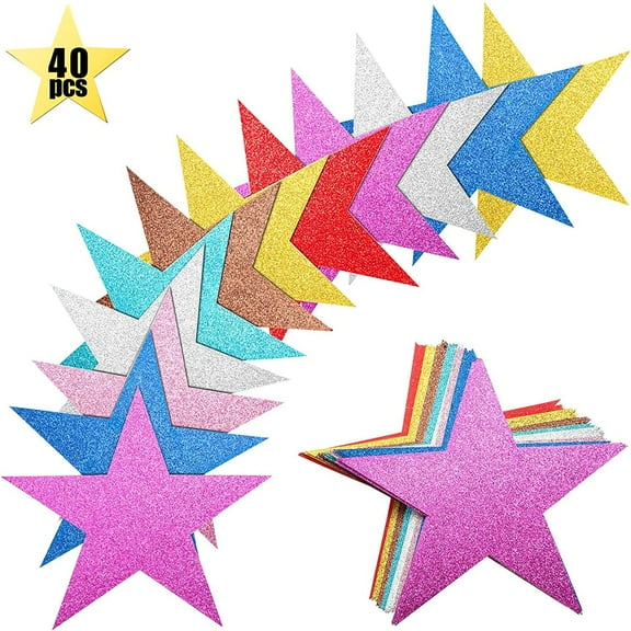 40 Pieces Glitter Star Cutouts Paper Star Confetti Cutouts for Bulletin Board Classroom Wall Party Decoration Supply, 5 Inches Length, 8 Colors
