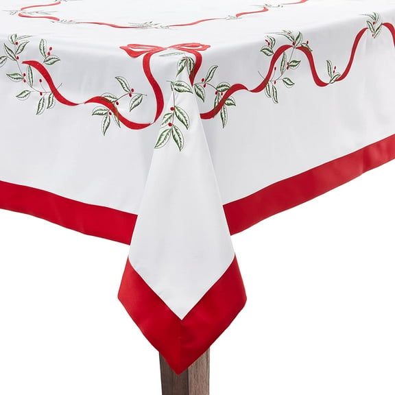 Violet Linen Christmas Holly Leaves Poinsettia Ribbon Bows Pattern, Polyester Embroidered with Trim Border , White, 52 Inch by 70 Inch, Seats 4 to 6 people, Rectangular Tablecloths