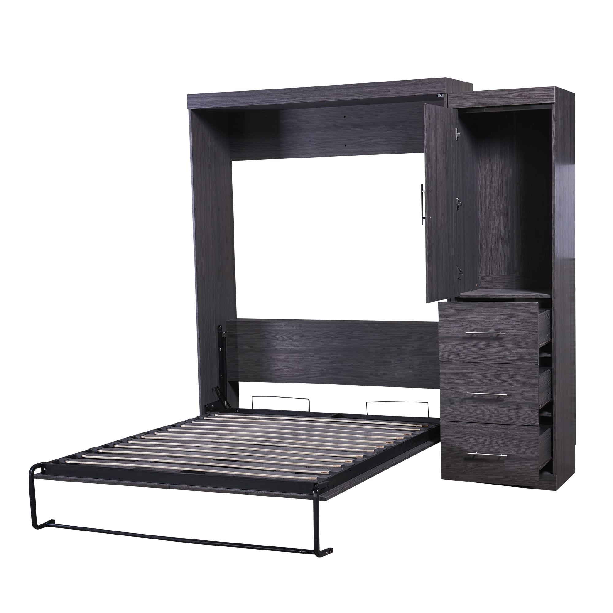 Euroco Wood Full Size Murphy Wall Bed with Wardrobe and Drawers for Living Room, Moveable Wardrobe and Drawers, Space-Saving & Easy Open and Close, Gray