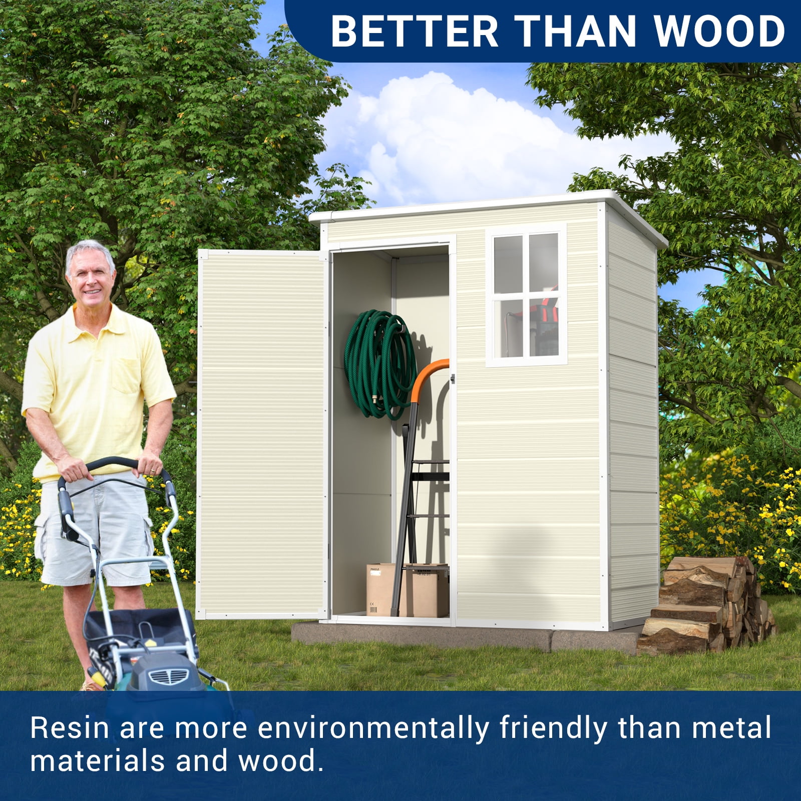 ELPOSUN Outdoor Storage Shed 5x3 FT, Resin Garden Shed for Bike, Garbage Can, Tool, Plastic Outside Sheds & Outdoor Storage Storage Box with Lockable Door for Backyard, Patio, Lawn, Sandstone