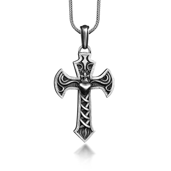 Sacred Heart on Cross Necklace For Men, Sterling Silver Christian Necklace For Family, Catholic Necklace For Dad, Faith Necklace For Husband