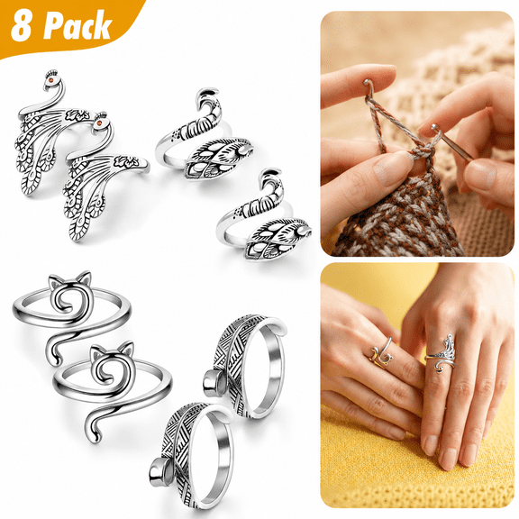 8 Pack Adjustable Crochet Yarn Tension Ring for Crocheting, Crochet Ring for Finger, Peacock Cat Crochet Knitting Rings for Tension