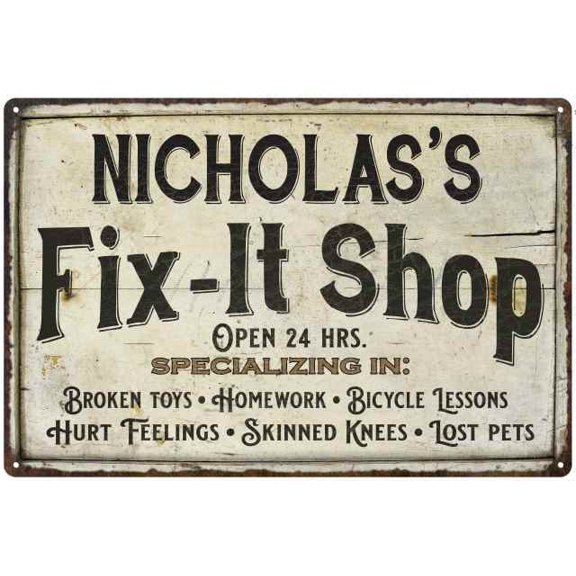 NICHOLAS'S Fix-It Shop Sign Grandpa Dad Wall Decor 8 x 12 High Gloss Metal 208120006067