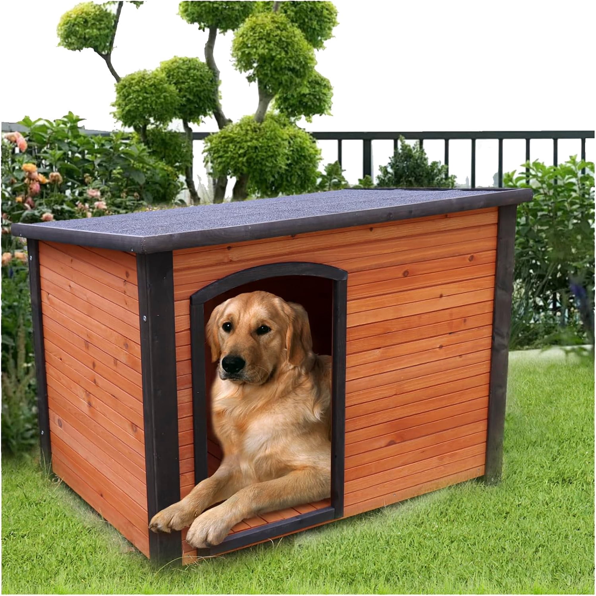 Dog Kennel with Removeable Floor for Small Medium Dogs, Wooden Rainproof SnowSun Protection Dog Cage for Outdoor and Indoor Use,Up to Size 45'',Golden Black