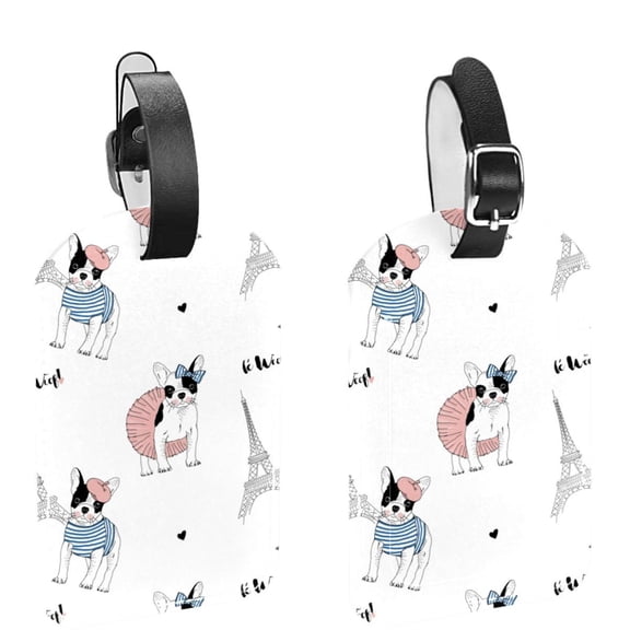 Square 2Pack PU Leather French Bulldog Paris Cruise Luggage Tag with Privacy Cover and Name ID Tag for Travel Handbags Backpacks Luggage Tags