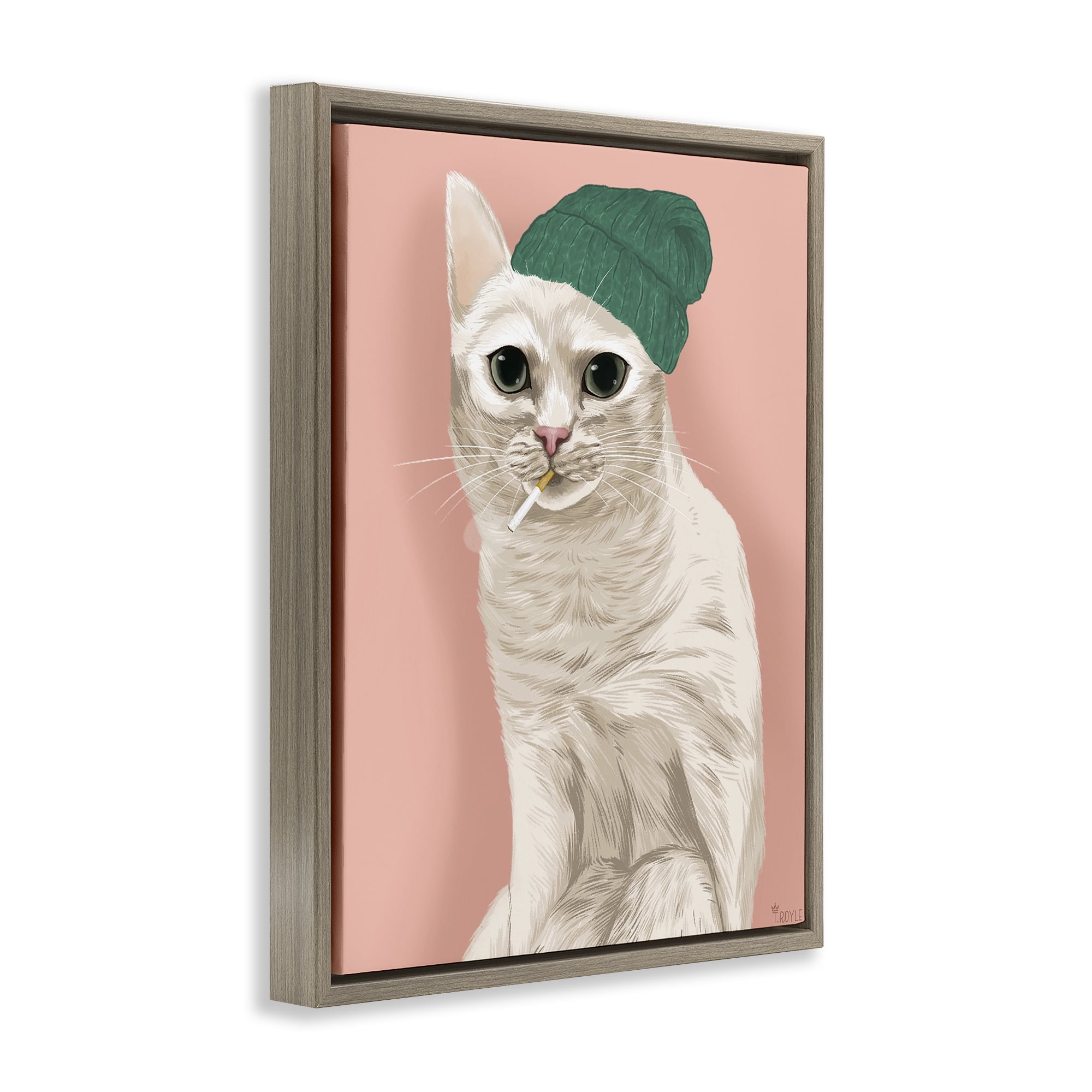 Stupell Industries Hipster Cat with Beanie Animals Painting Brown Floater Framed Canvas Art Print Wall Art, 17 x 21