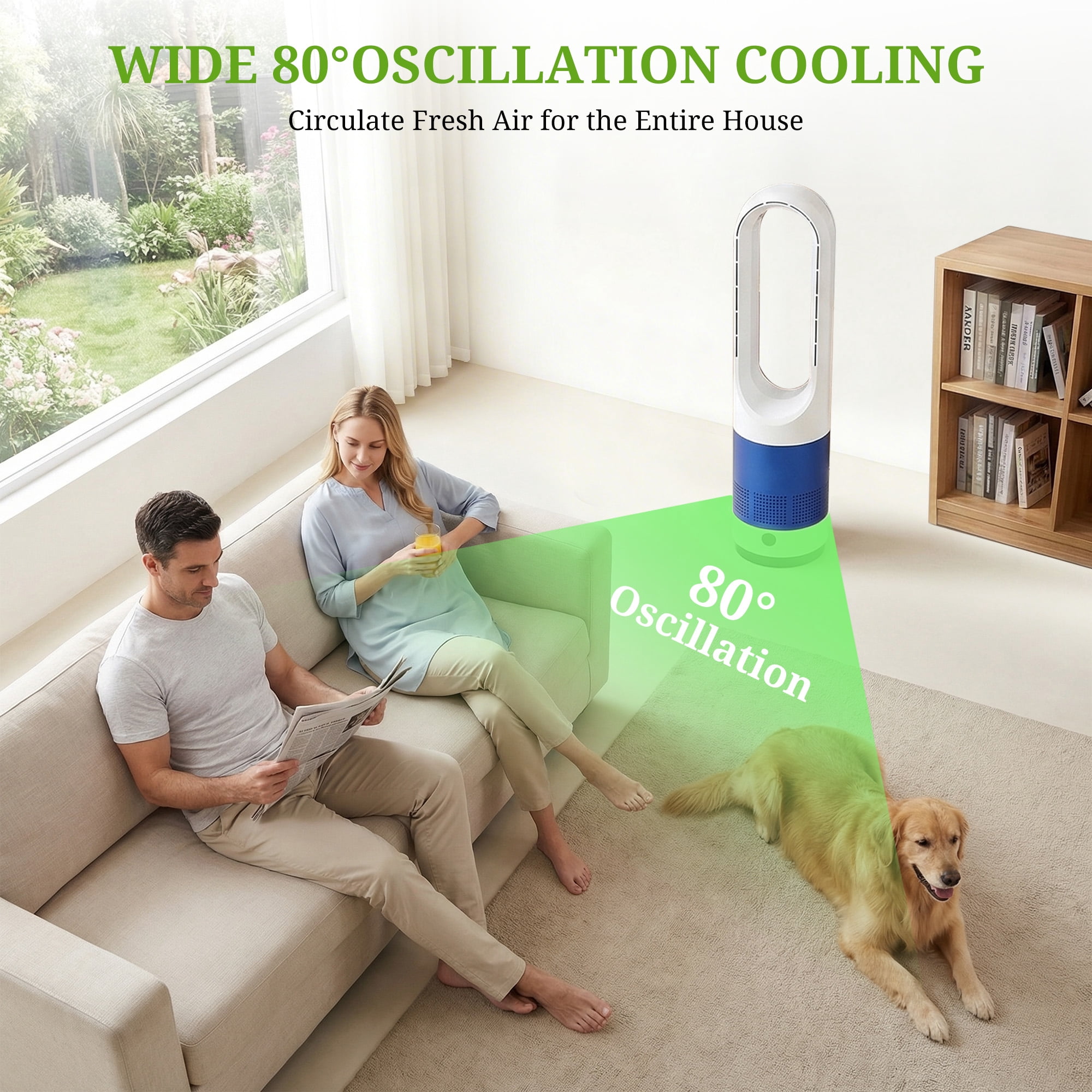 Simenmax 22'' Bladeless Tower Fan, 80° Oscillating Quiet Cooling Fan, 8 Speeds & 8H Timer, Remote Control with LED Display for Home Office Living Room,Blue