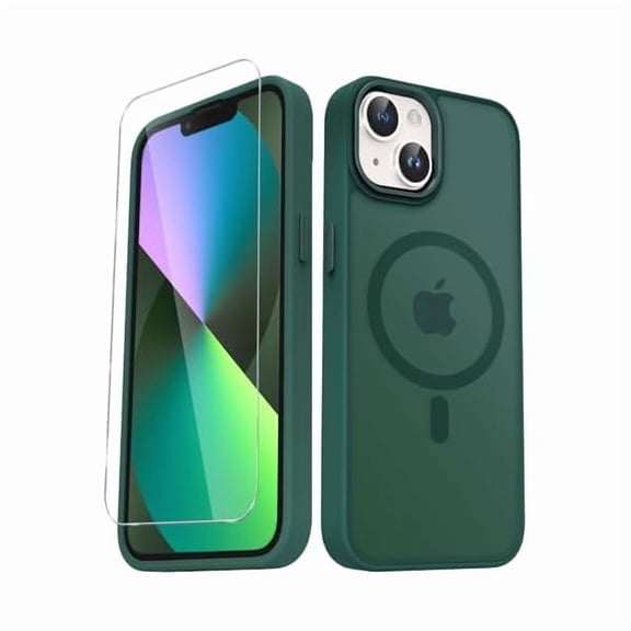 Eryueer for iPhone 15 Case, Matte Magnetic Phone Case with 1 Screen Protector, Support for Magsafe, Translucent Frosted Slim Shockproof Protective Cover for iPhone 15 6.1 inch, Dark Green
