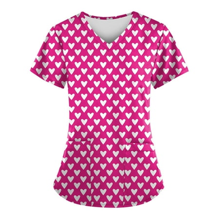 

DNDKILG Womens V Neck Holiday T Shirt Professionals Pockets Uniform Valentine s Day Scrubs Top Short Sleeve Casual Nursing Scrubs Hot Pink L