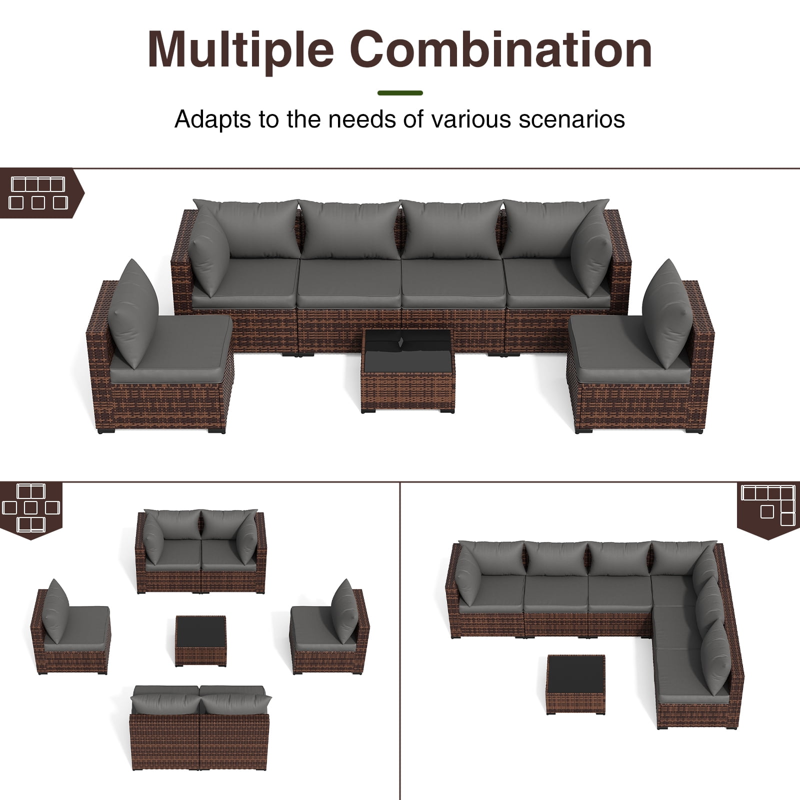 ELPOSUN 7 Pieces Patio Furniture Set All Weather Outdoor Sectional Sofa, Outdoor Modern Sectional Furniture Wicker Couch with Glass Coffee Table, Thicken Gray Cushions, Water Resistant