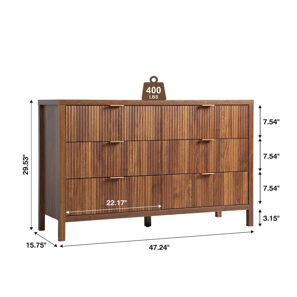 YOCWO Fluted 6 Drawer Dressers for Bedroom, 48" Wide Modern Chest of Drawer with 6 Big Drawers, Walnut