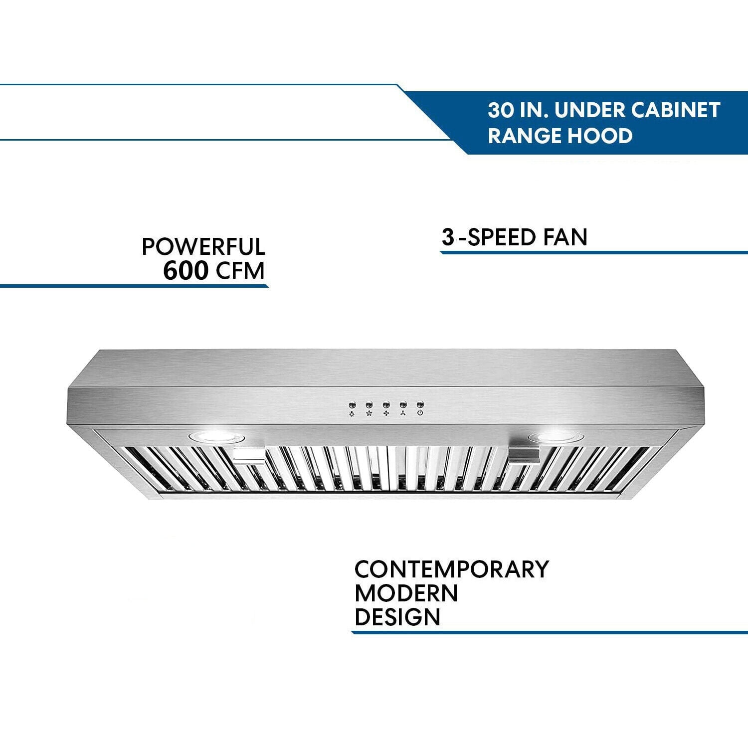 SNDOAS New 30 inch Kitchen Stainless Range Hood 3-Speed Under Cabinet Exhaust Vent with Filter 120V