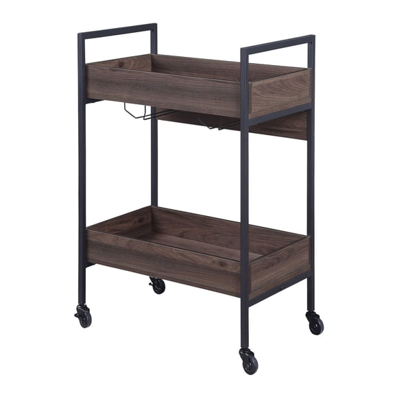 Serving Cart Walnut & Black - 2 Tier Utility Cart with Wheels - Kitchen Island Cart for Dining Room, Bar, or Home Office - Mobile Storage Shelf