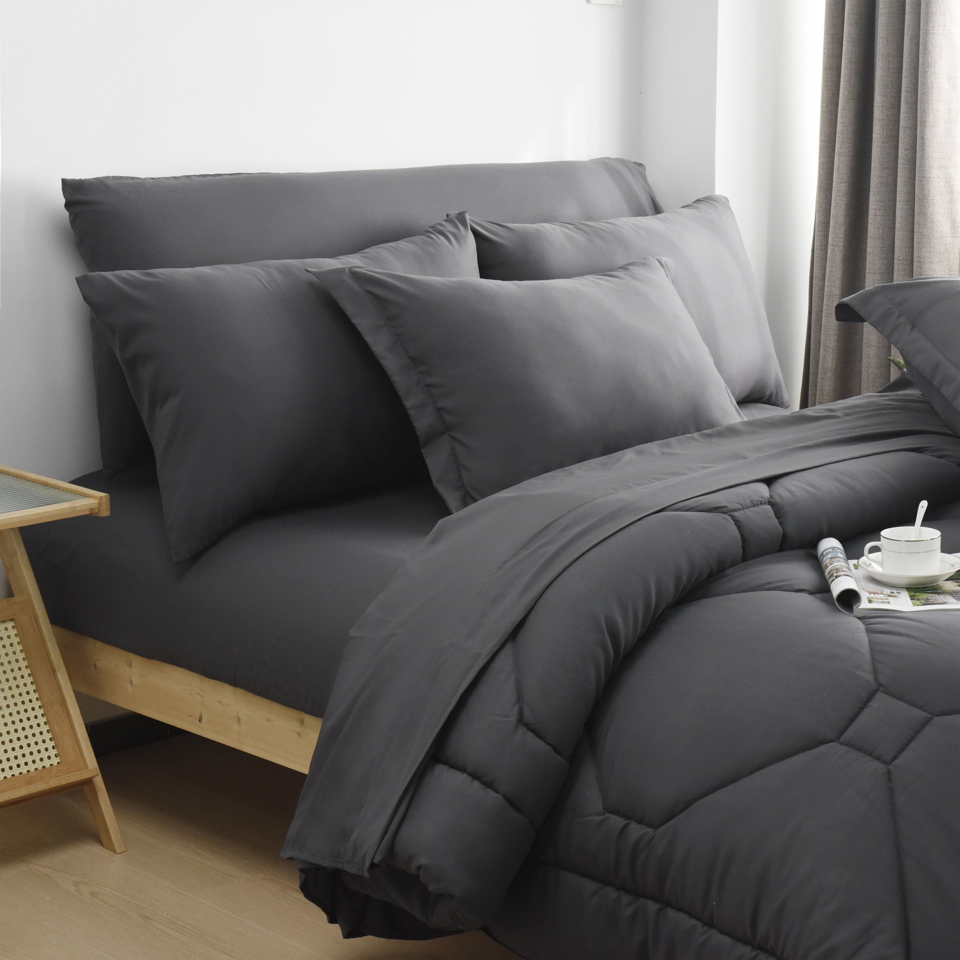 HIG 8 PCS Modern Comforter Set All Season Bed in a Bag, Dark Gray, Queen Size