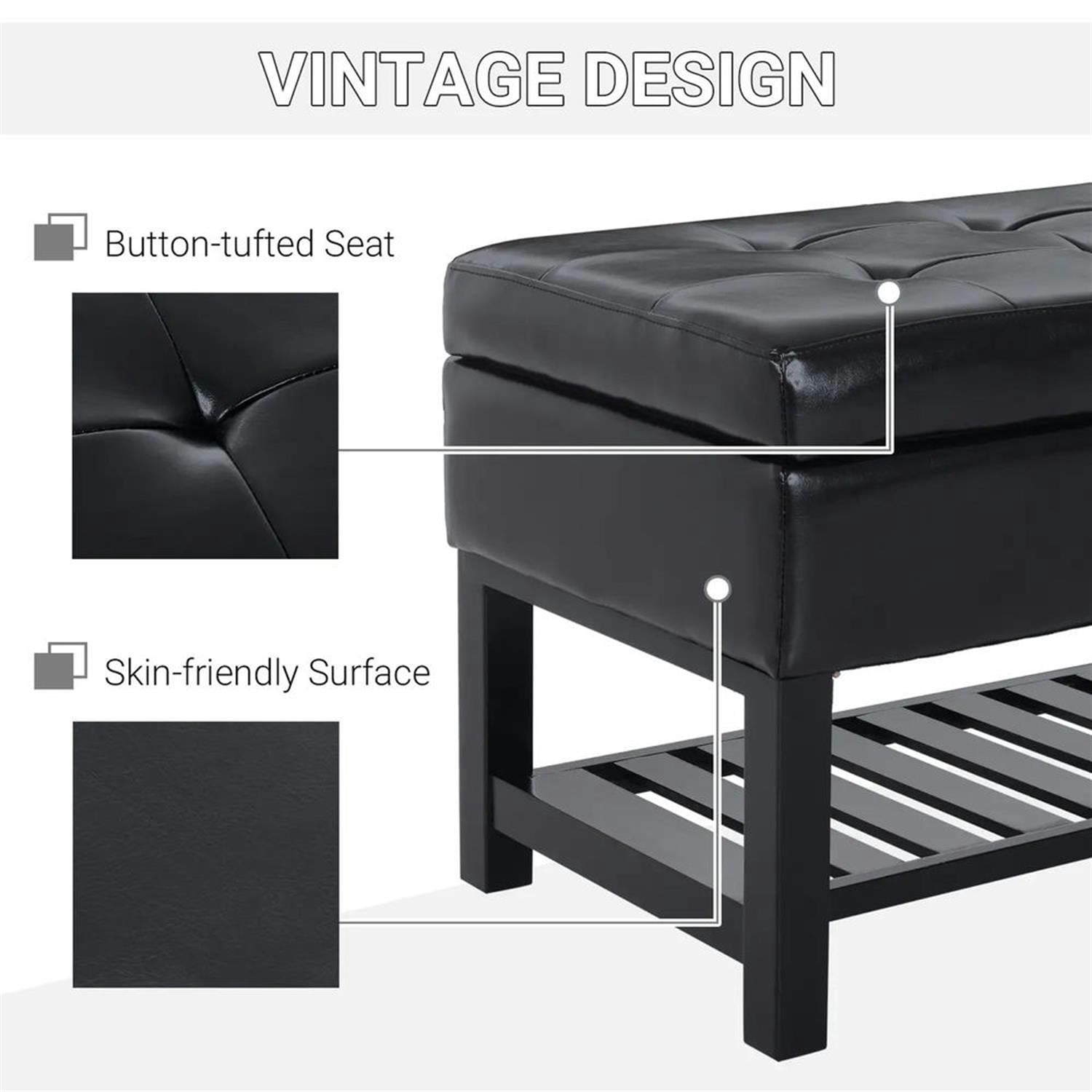 Demi Bonn Modern Storage Ottoman Bench with Shoe Rack, 44" Tufted Faux Leather, Space-Saving Footrest, Sturdy Bench, Black