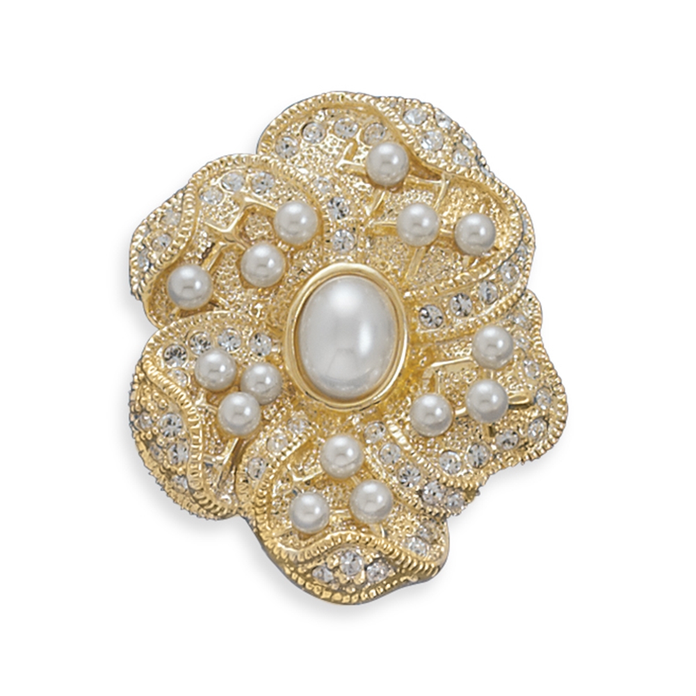 Simulated Pearl and Gold-plated Floral Design Fashion Pin Brooch by unknown