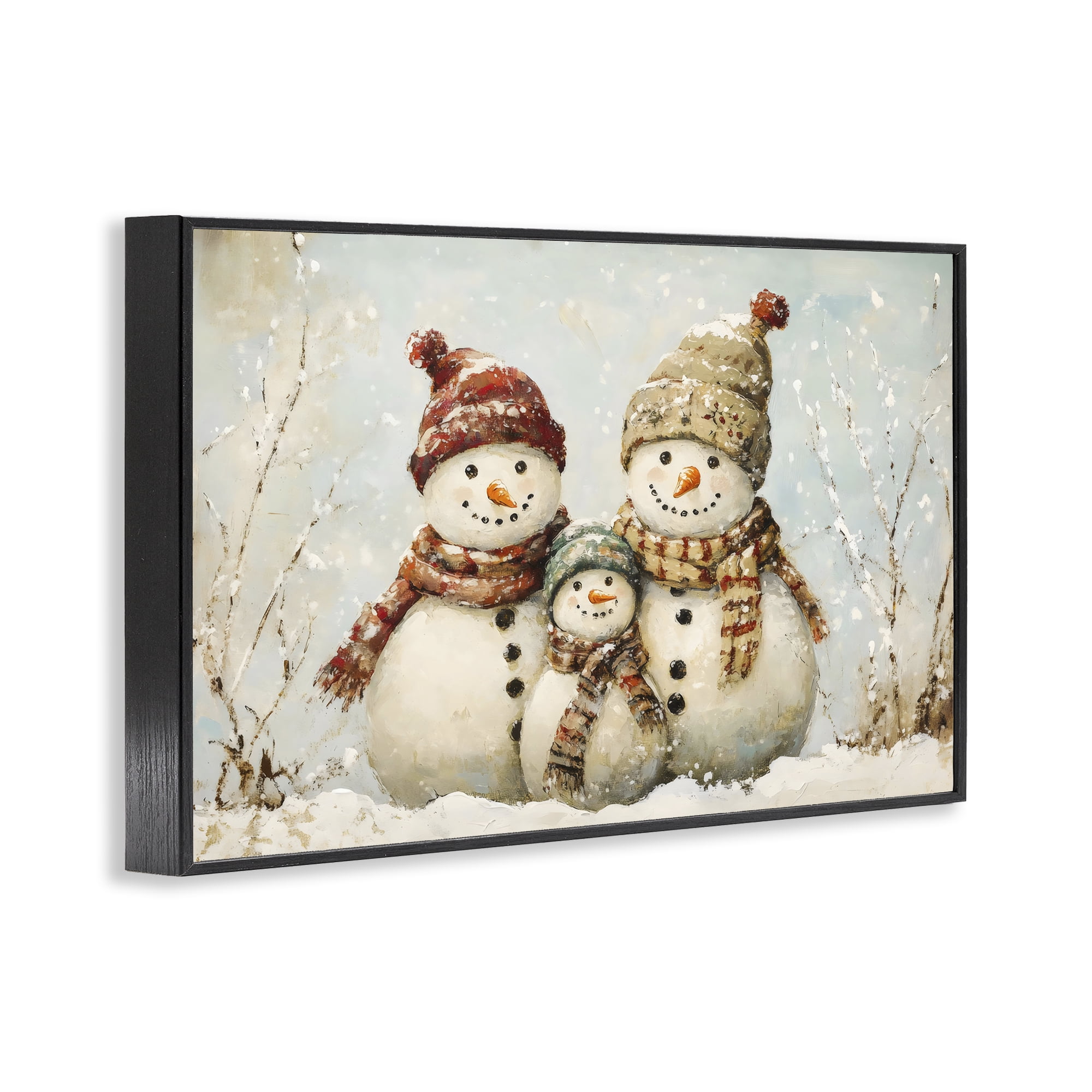 Snowman Family Of Three Black Framed Giclee Art, design by Petal Prints Design