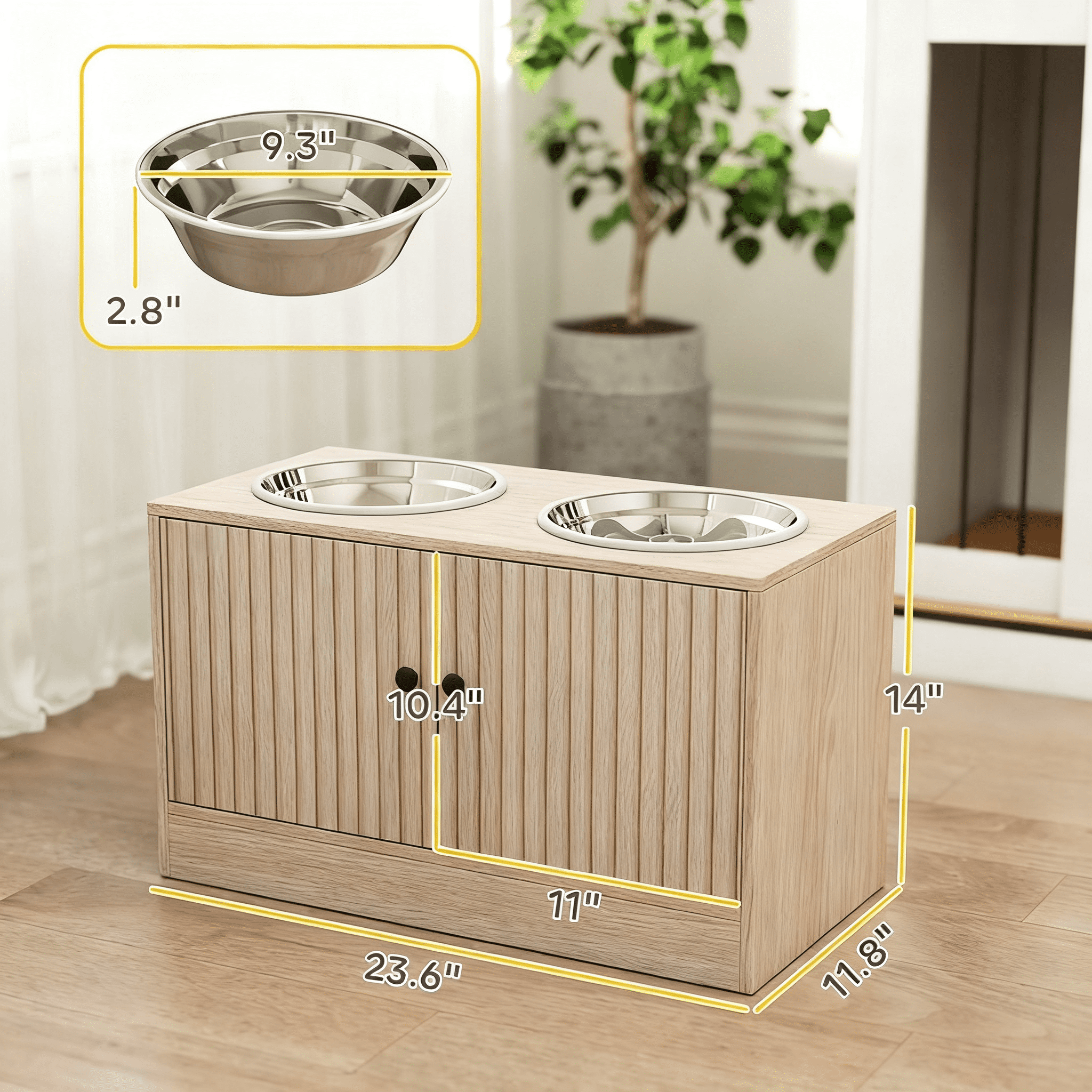 Oak Elevated Dog Feeder with 10.6 Gal Storage Cabinet, Raised Pet Bowl Stand with Slow Feeder Mat Anti-Slip Rings, for Large Dogs 21.7"-25.6" Shoulder Height