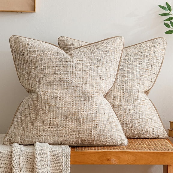 SUSIELADY 18x18 Inch Pillow Covers 2 Pack, Farmhouse Chenille and Velvet Throw Pillow Covers with Piping, Textured Decorative Cushion Covers for Couch Sofa Bed Living Room Decor, Khaki