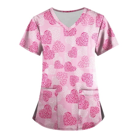 

TKing Fashion Womens Scrubs Plus Size Loose Short Sleeve Printed Tops Summer V Neck Nursing Work Uniform Shirts with Pocket Pink 2XL