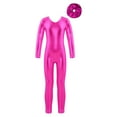 thumbnail image 2 of Alvivi Kids Girls Shiny Long Sleeve Gymnastics Jumpsuit Metallic Unitard Dance Costume with Headwear Hot Pink 8, 2 of 6