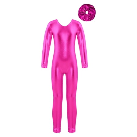 inlzdz Girls Metallic Full Body Unitard Long Sleeve Holographic Dance Gymnastic Skating Bodysuit Hot Pink 12