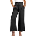 thumbnail image 2 of WRKEKC Solid Color Cropped Wide Leg Pants with Lace Trim Drawstring Waist Women's Floral Inspired Elastic Lounge Pants for Boho Chic Style and Vacations, 2 of 4