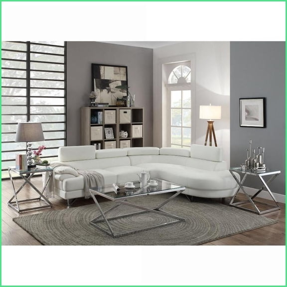 Modern 2-Piece White Faux Leather Sectional Sofa Chaise with Flip-Up Headrest for Living Room | White | Faux Leather | Round Arms