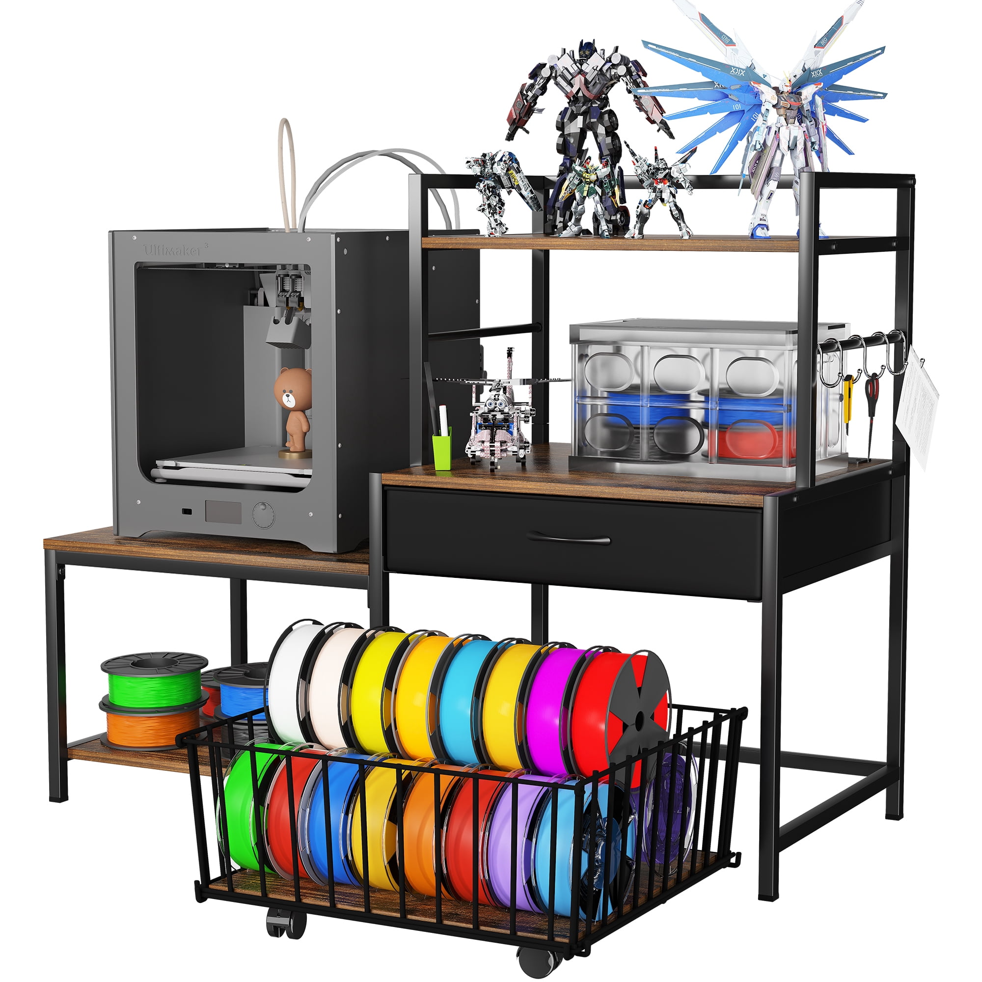 3D Printer Stand with Storage Drawer and Rolling Filament Basket Industrial Printer Table for 3D Printing Tools and Accessories Brown