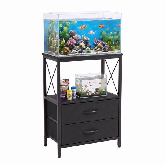 Aquarium Stand 5-10 Gallon with 2-Tier Shelf, Fish Tanks Stand with 2 Drawers, Metal Frame Heavy Duty Reptile/Turtle Tank Stand for Home Office, Fish Tanks Accessories Storage, Black