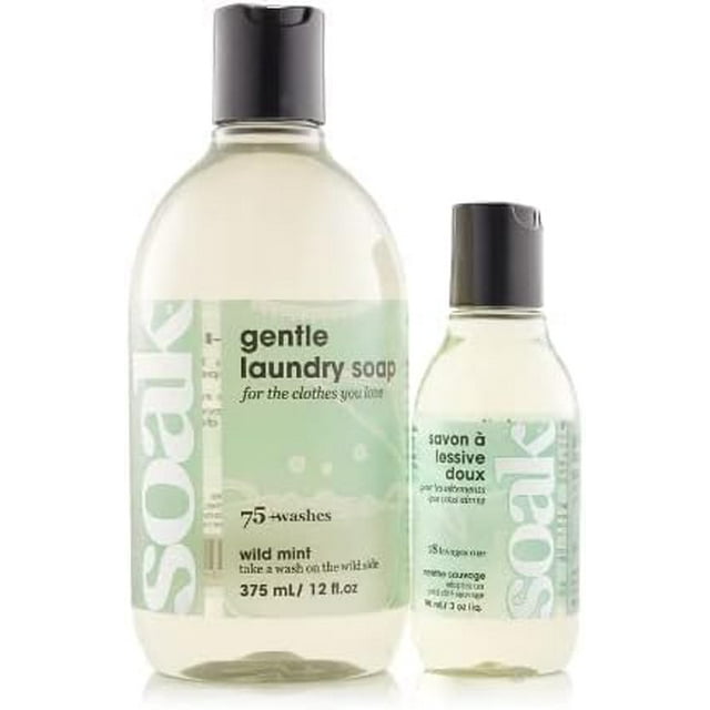 Soak Laundry Soap Duo Pack | 12 oz + 3oz Bottles | No Rinse, Plant Derived Hand Wash Detergent (Wild Mint)