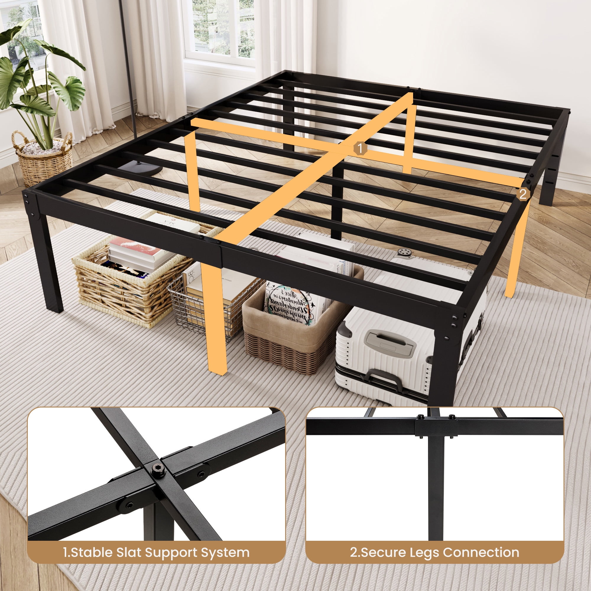 Merrland 18" Queen Size Metal Platform Bed Frame, Heavy-Duty, Ample Under-Bed Storage, No Box Spring Needed, Black