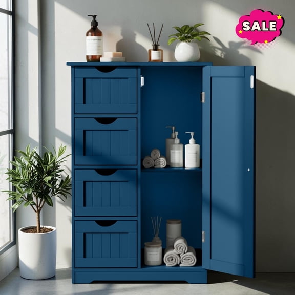 GZXS Floor Storage Cabinet, Freestanding Bathroom Cabinet with Door and 4 Drawers, Accent Cabinet with Adjustable Shelf for Living Room, Kitchen, Navy Blue